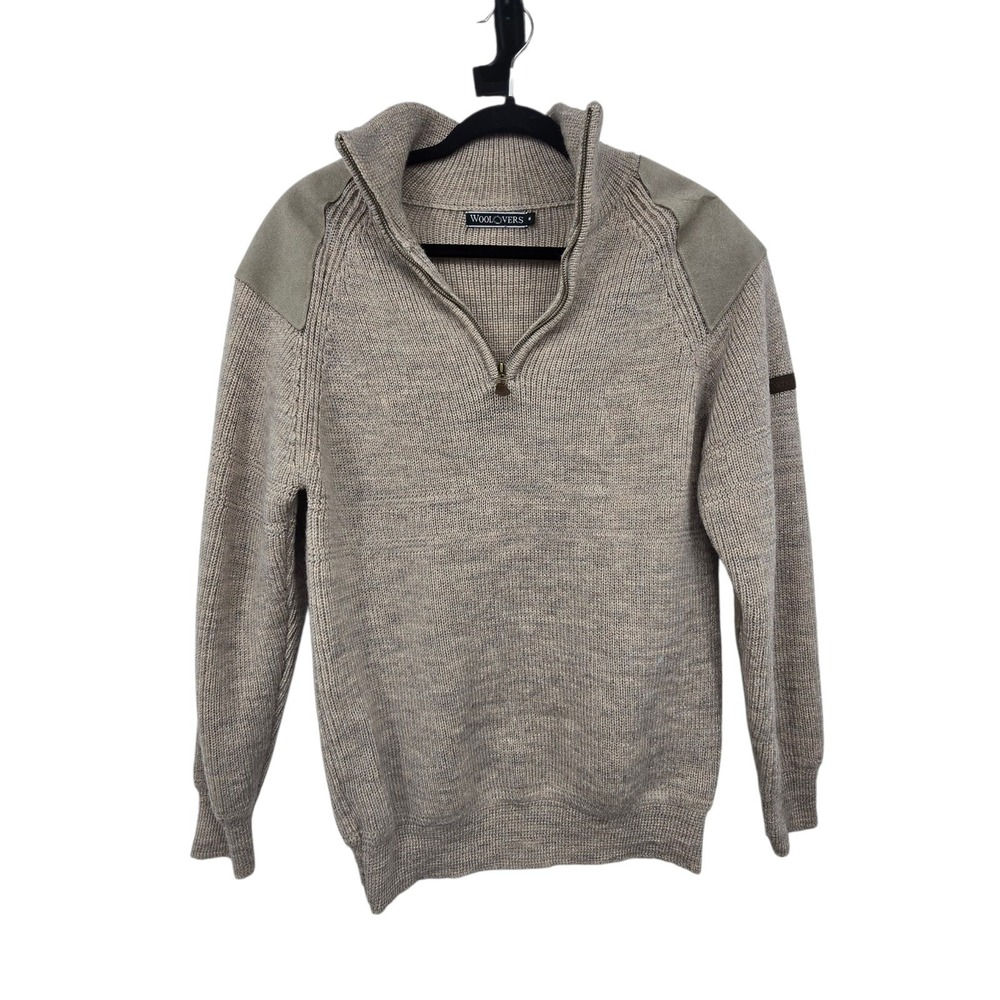 Woolovers British Wool 1/4 Zip Sweater Mens MED Beige Suede Shoulders‎ & Elbows